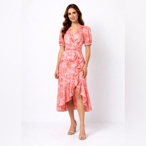 Cinq à Sept Kay Floral Midi Dress Faux Wrap Ruffle Asymmetrical Hem 4